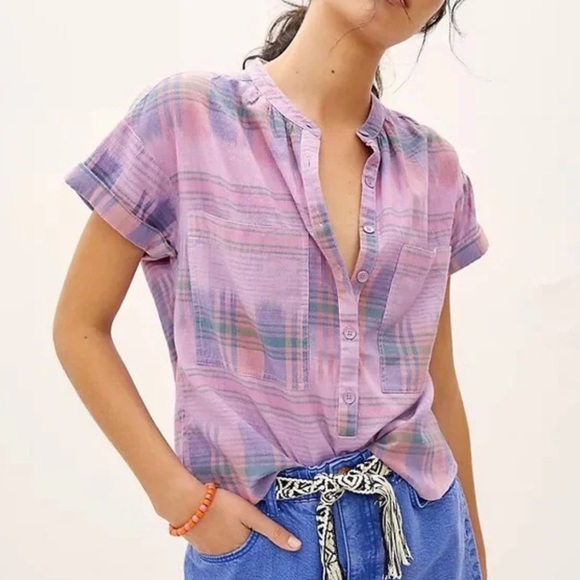 Anthropologie Tops - GUC Pilcro Anthropologie Hannah Surf Blouse Purple Plaid Button Down Size Small